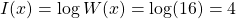 I(x) = \log W(x) = \log(16) = 4