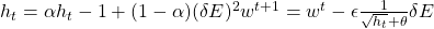 h_t = \alpha h_t-1 + (1-\alpha)(\delta E)^2w^{t+1}=w^t - \epsilon \frac{1}{\sqrt{h_t}+\theta}}\delta E